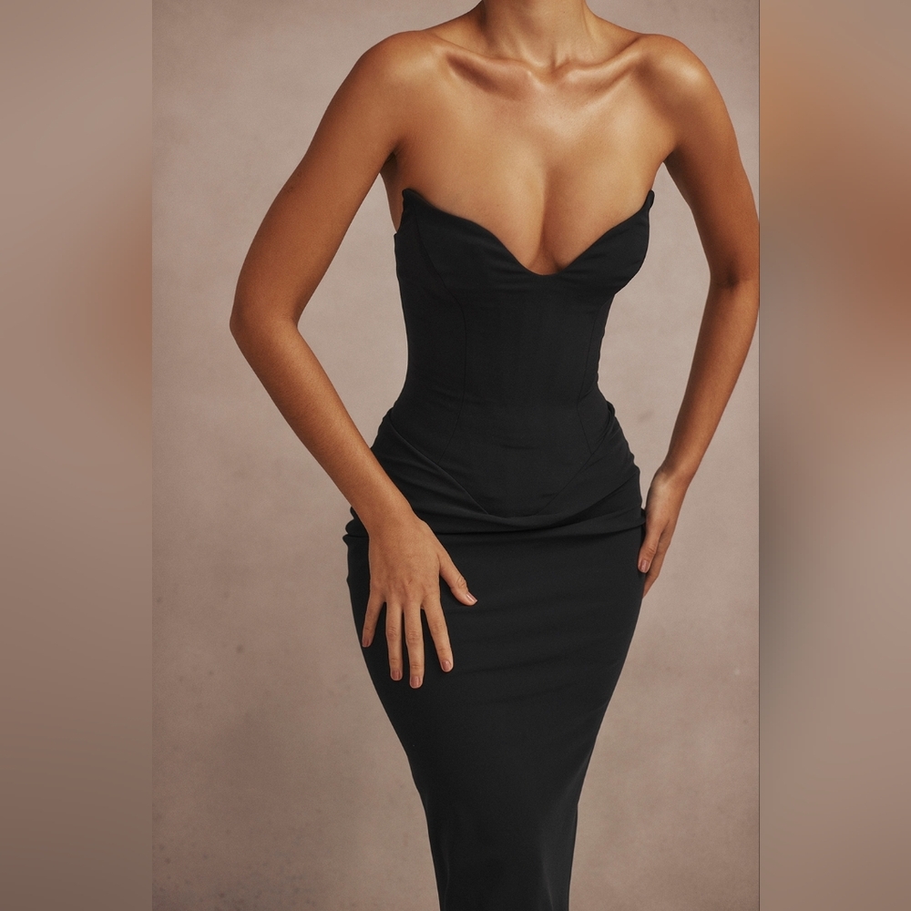 House Of CB Sabine Plunge Strapless black crepe strapless corset dress XS - Picture 5 of 8